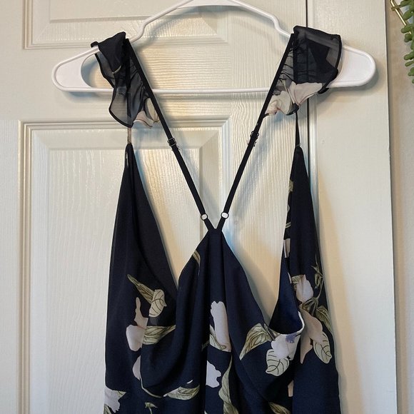 Lulus - Navy and White - Floral High-Low Wrap Dress - Size Large - Picture 10 of 13